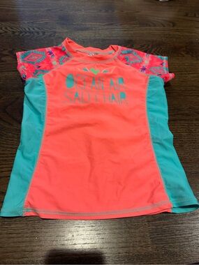 SO Neon Coral & Teal Kids Swim Rashguard with Patterned Sleeves